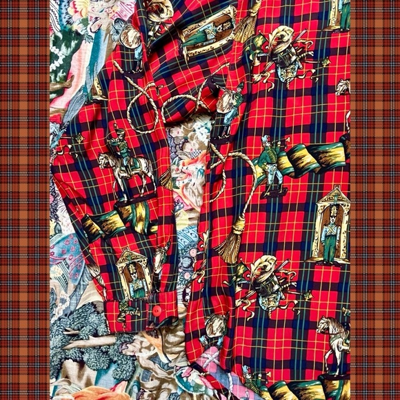 Vtg 1980s British Isles Red Plaid Button Down Shirt Soldiers Horses Graphic Sz M - Picture 4 of 7